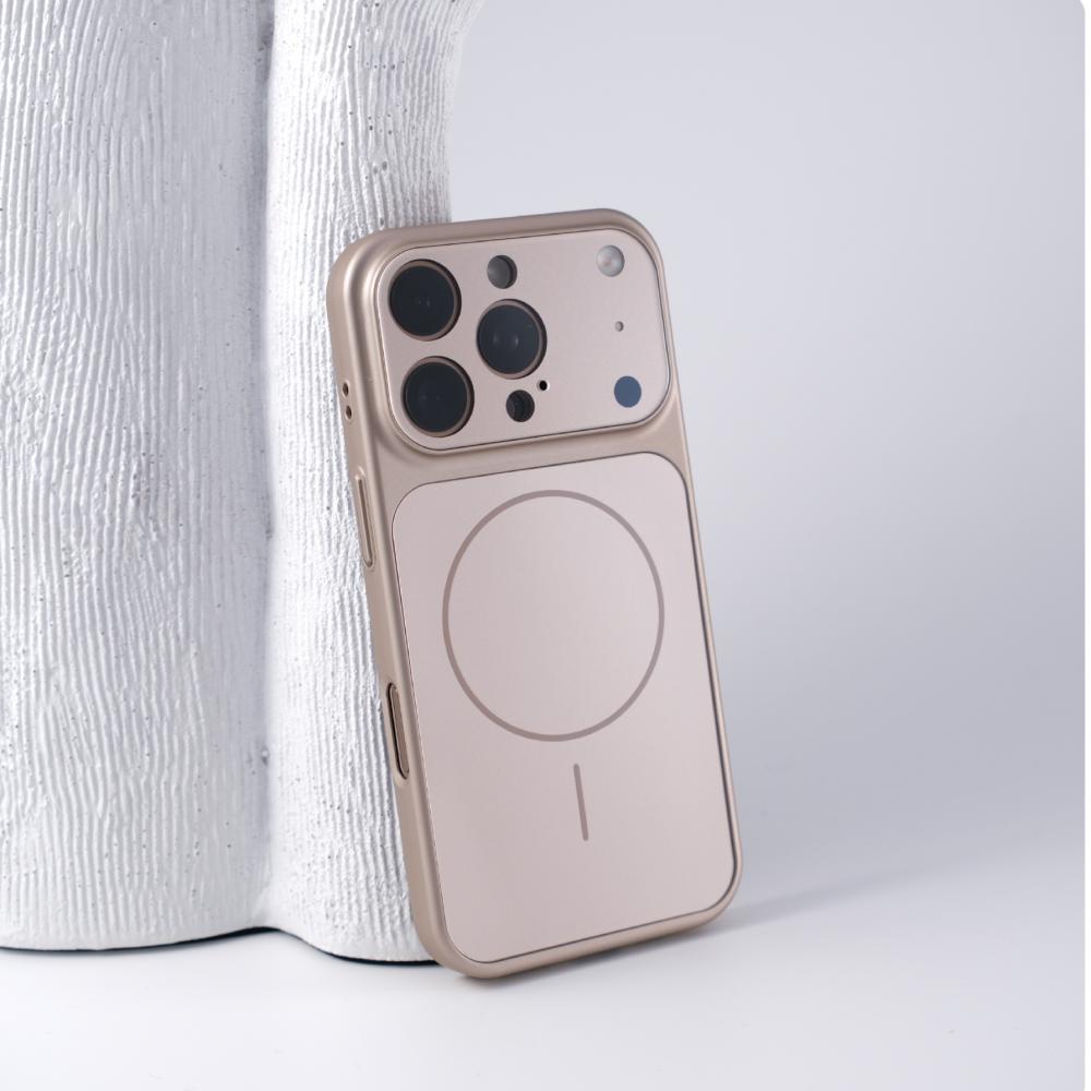 Titanium gold slim case leaning against a white vase