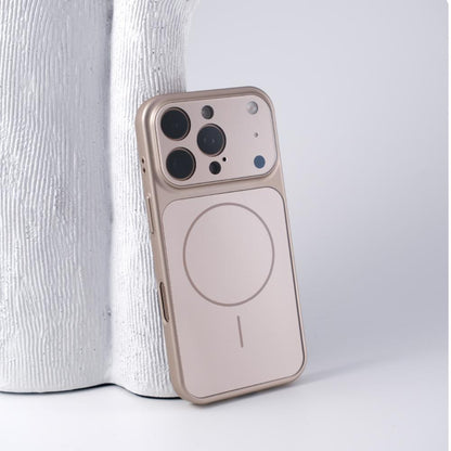 Titanium gold slim case leaning against a white vase