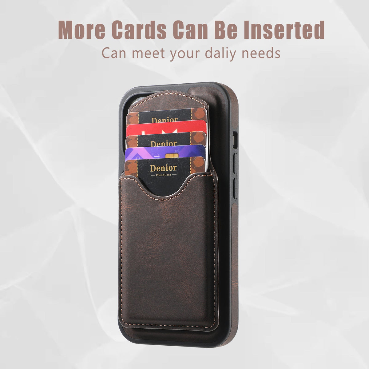 Brown card holder opened to show several cards inserted