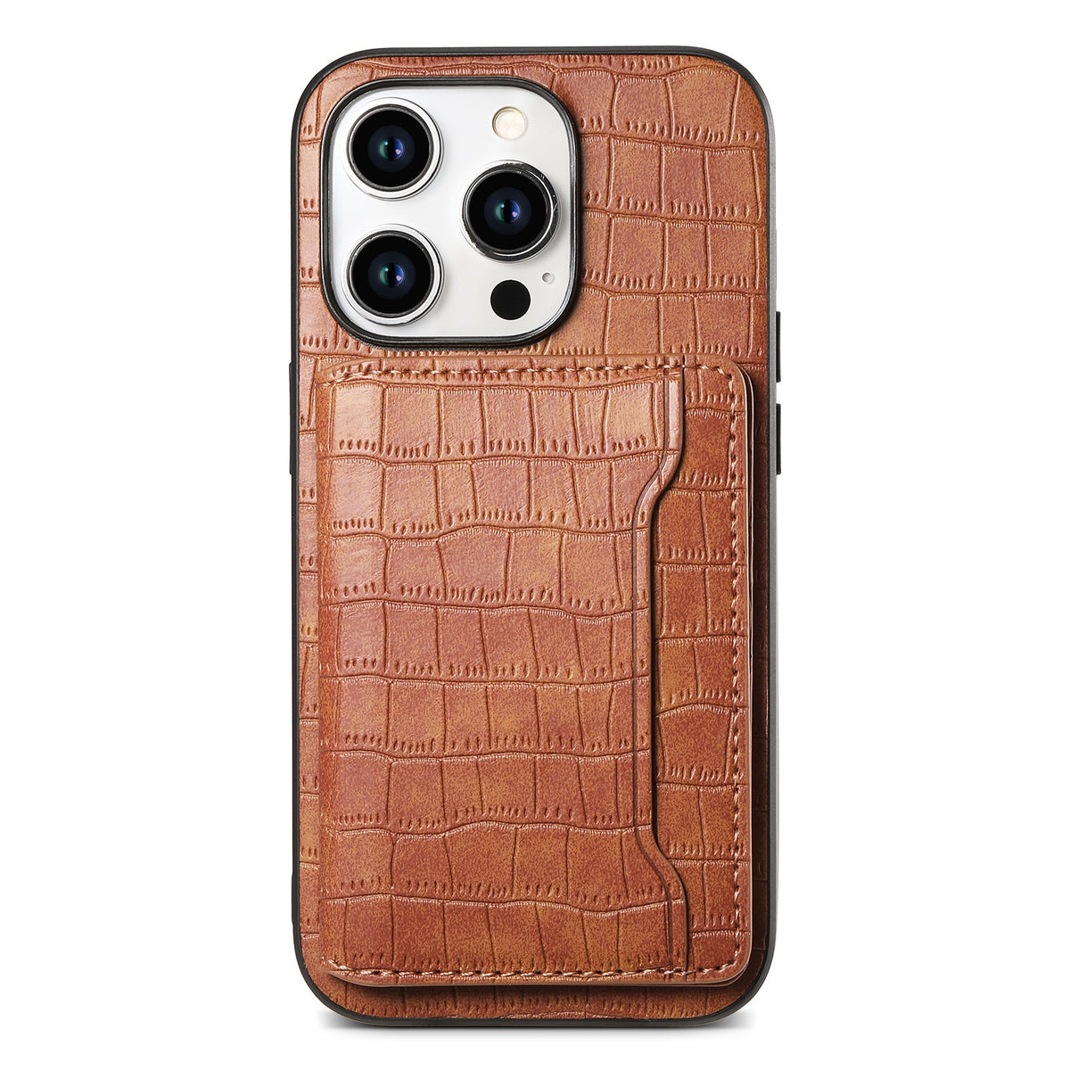 Brown crocodile-pattern iPhone case with stitched card pocket