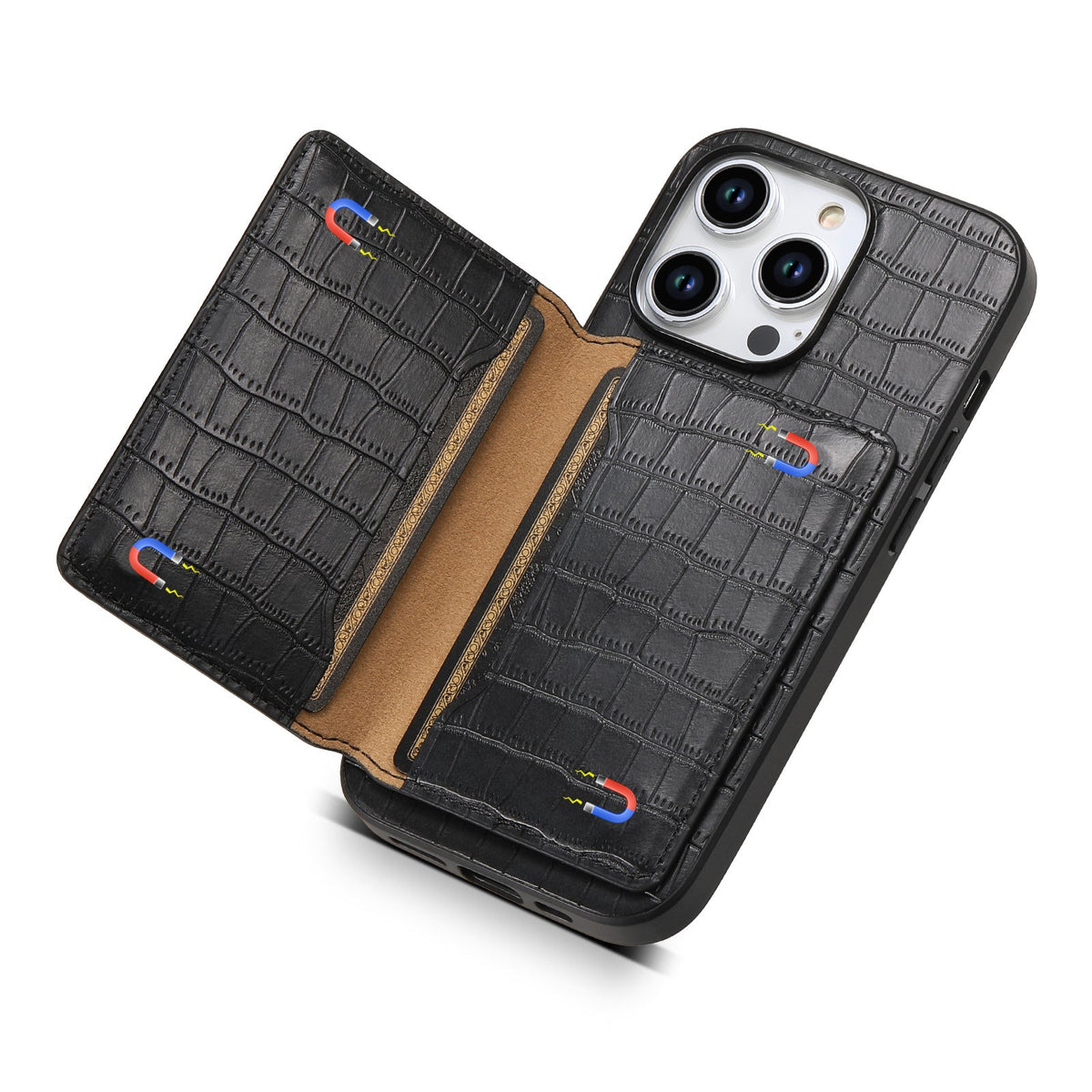Black crocodile-pattern case with the card flap open, showing the inner pocket and magnets