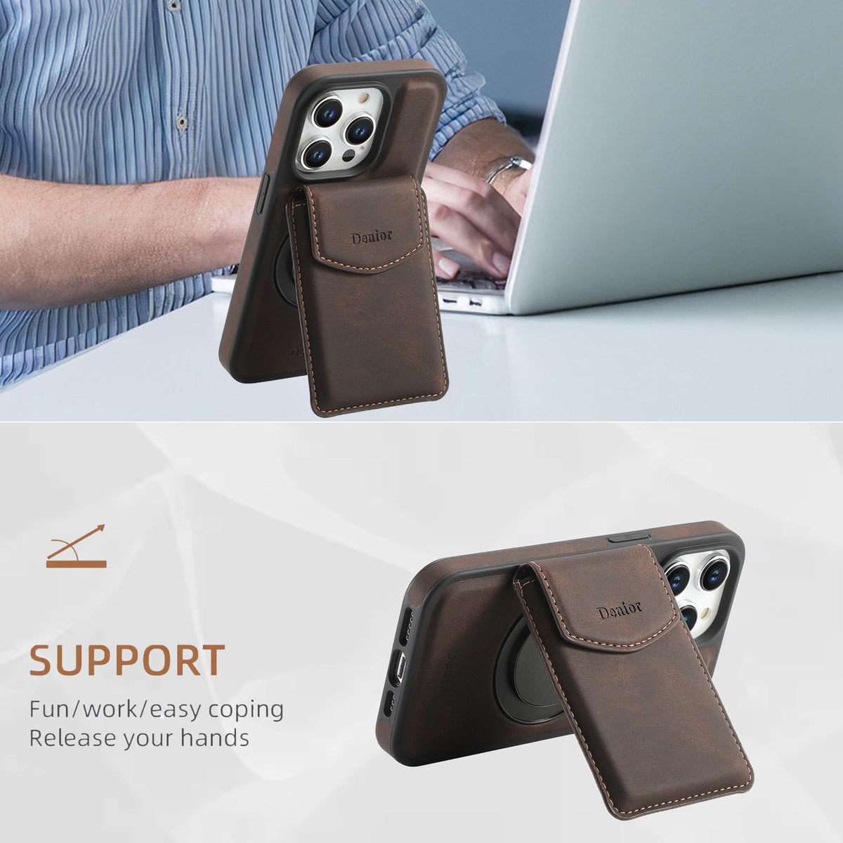 Card holder used to prop the phone up on a desk beside a laptop