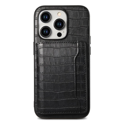 Black crocodile-pattern iPhone 16 Pro Max case with card pocket on the back
