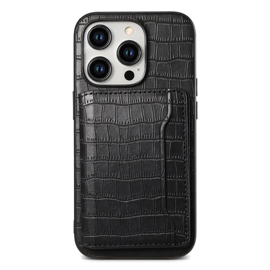 Black crocodile-pattern iPhone 16 Pro Max case with card pocket on the back