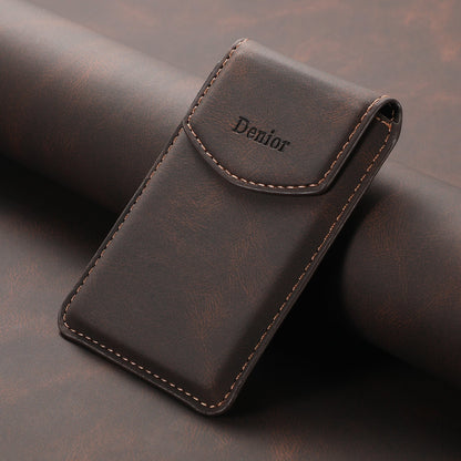 Close-up of the brown leather-look card holder flap and stitching