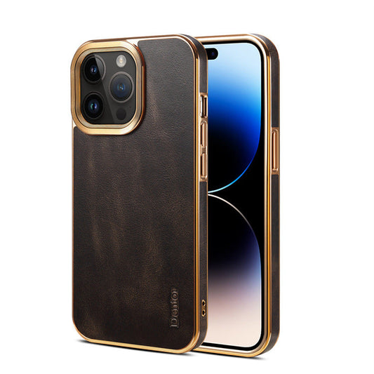 Black vintage leather-look iPhone 16 Pro Max case with gold-tone trim and camera surround, back and front view
