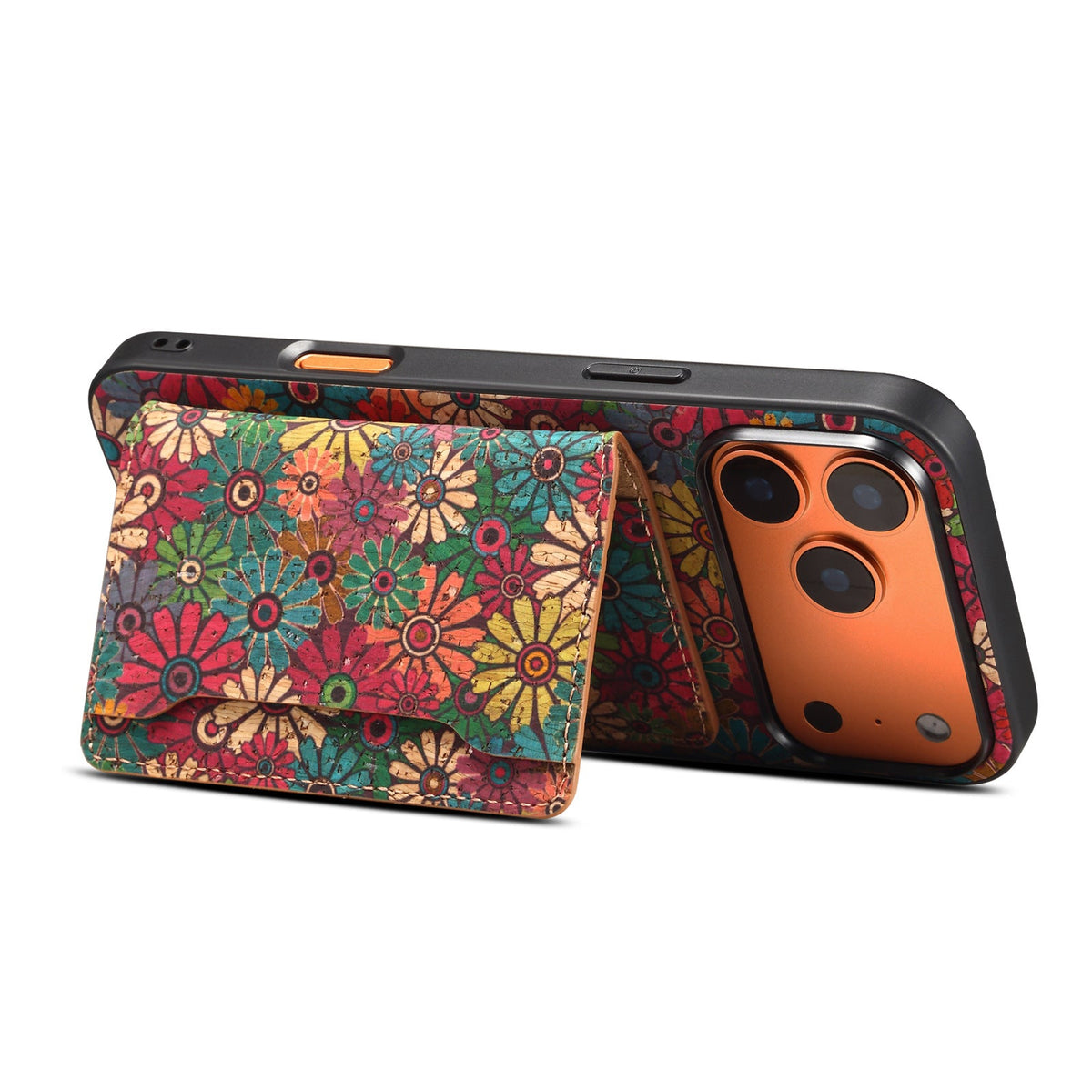 Floral iPhone case standing in landscape mode on its folded-out card wallet