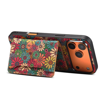 Floral iPhone case standing in landscape mode on its folded-out card wallet