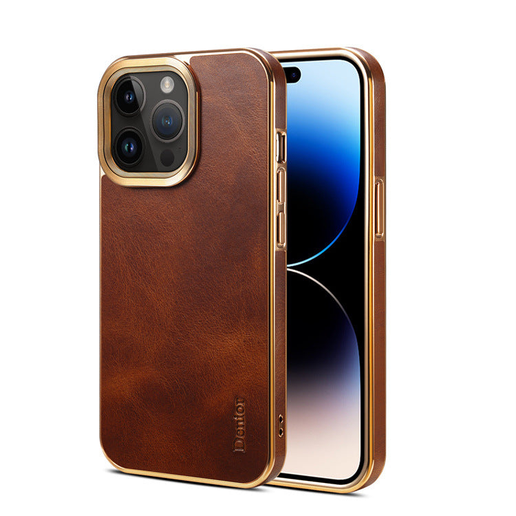 Brown vintage leather-look iPhone case with a burnished finish and gold-tone camera frame