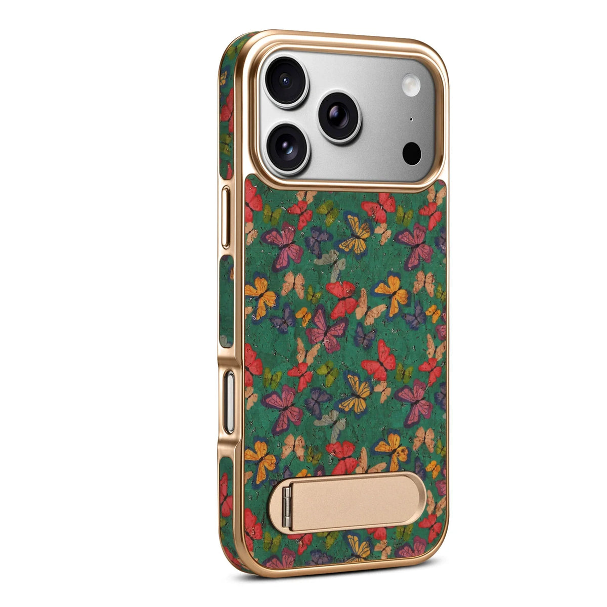 Green butterfly print case with gold-tone edges and metallic camera surround
