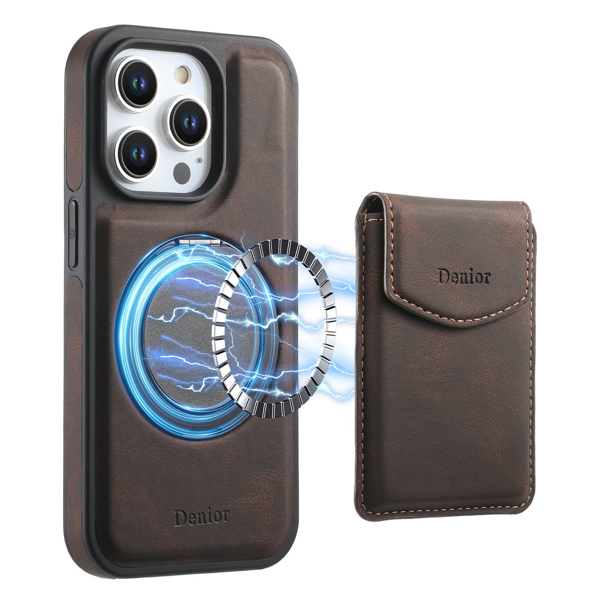 Brown wallet case with the magnetic ring highlighted and the card holder shown separately