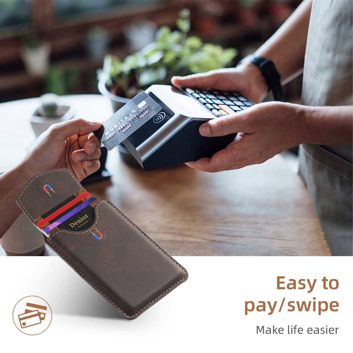 Detached card holder with cards inside next to a payment terminal