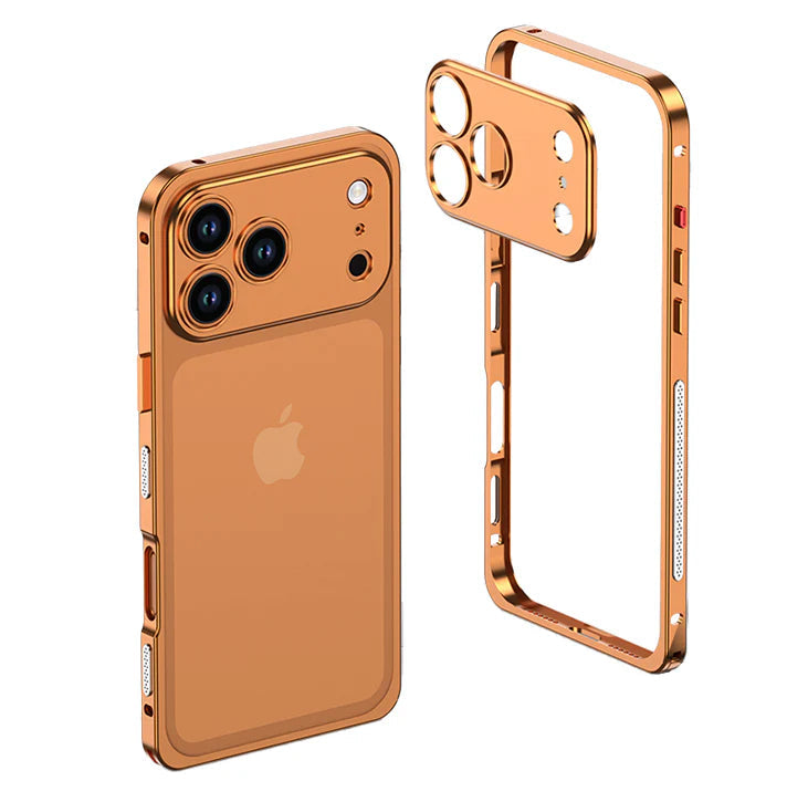 Orange metal bumper on a triple-camera iPhone with the empty frame beside it