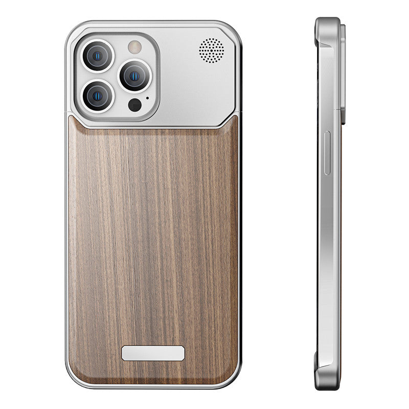 Walnut wood-look aluminum iPhone case with silver metal frame