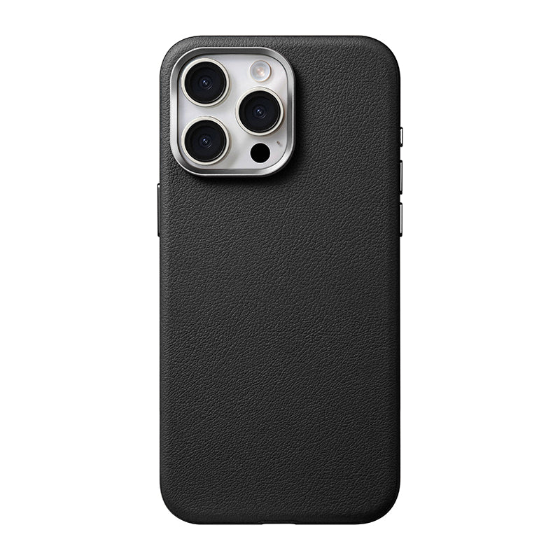 Black leather case with silver camera surround on an earlier Pro model