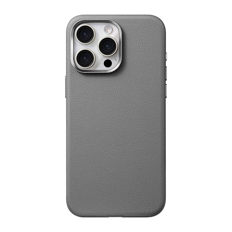 Gray leather case with silver camera surround on an earlier Pro model