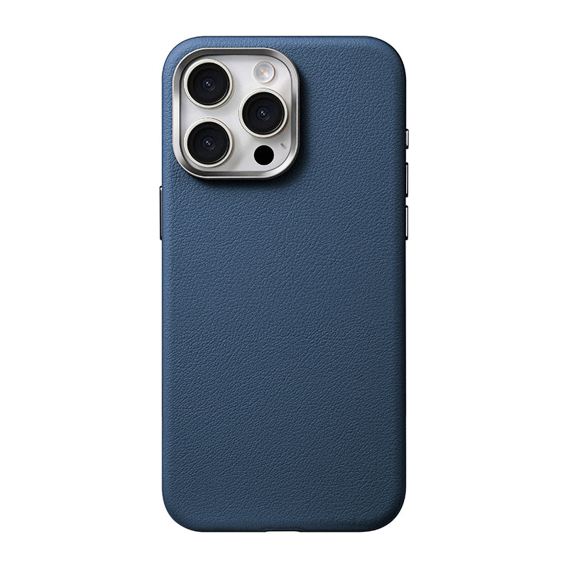Blue leather case with silver camera surround on an earlier Pro model