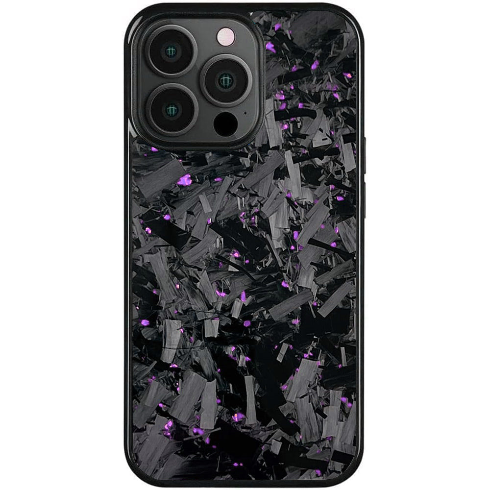 Forged carbon fiber iPhone case with pink-purple flecks, Pro model
