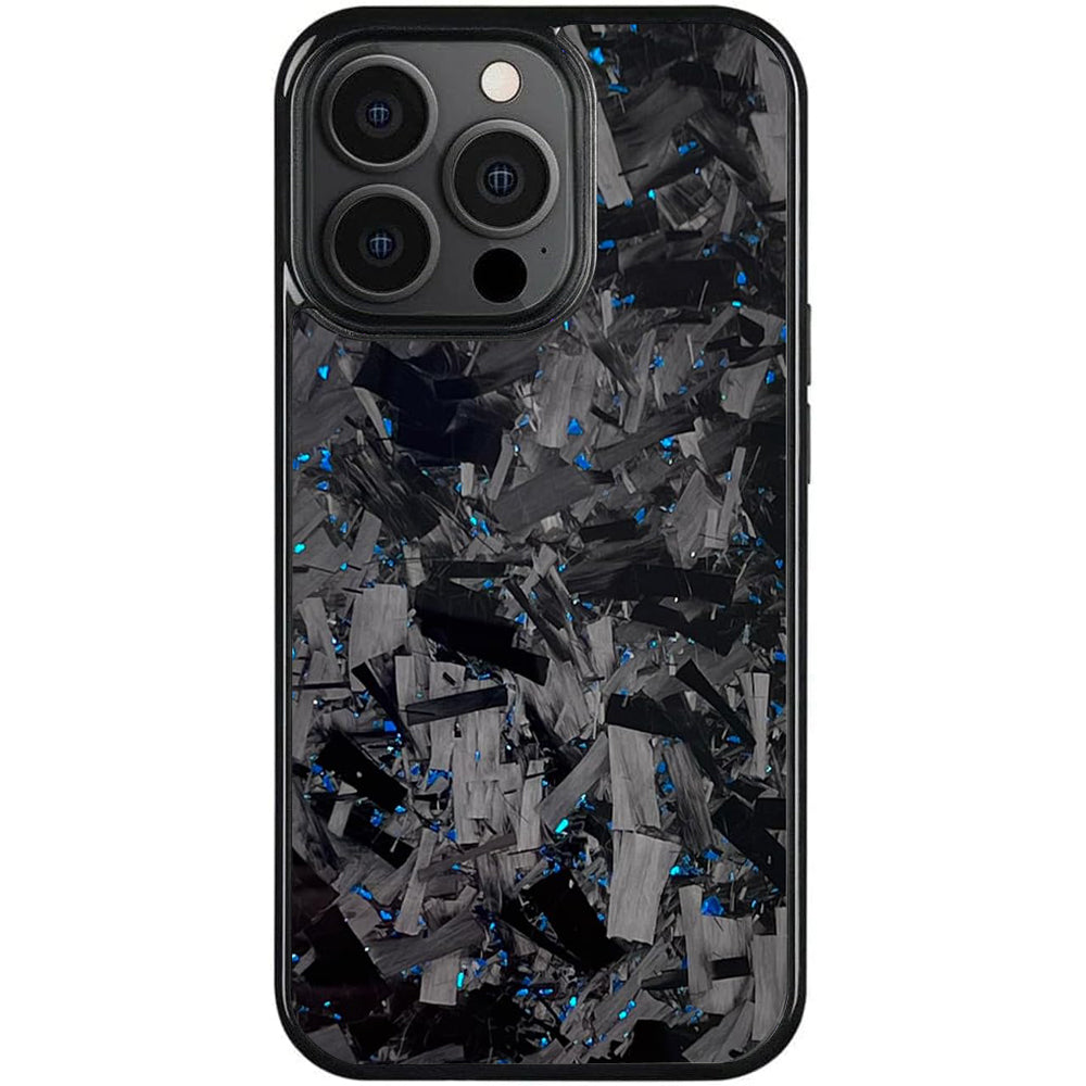 Forged carbon fiber iPhone case with blue flecks and three-lens camera