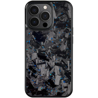 Forged carbon fiber iPhone case with blue flecks and three-lens camera