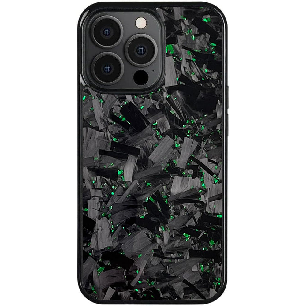Forged carbon fiber iPhone case with green flecks and three-lens camera