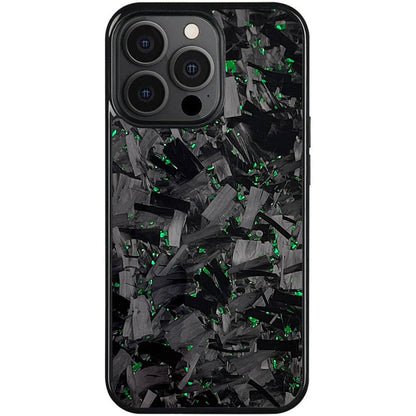 Forged carbon fiber iPhone case with green flecks and three-lens camera