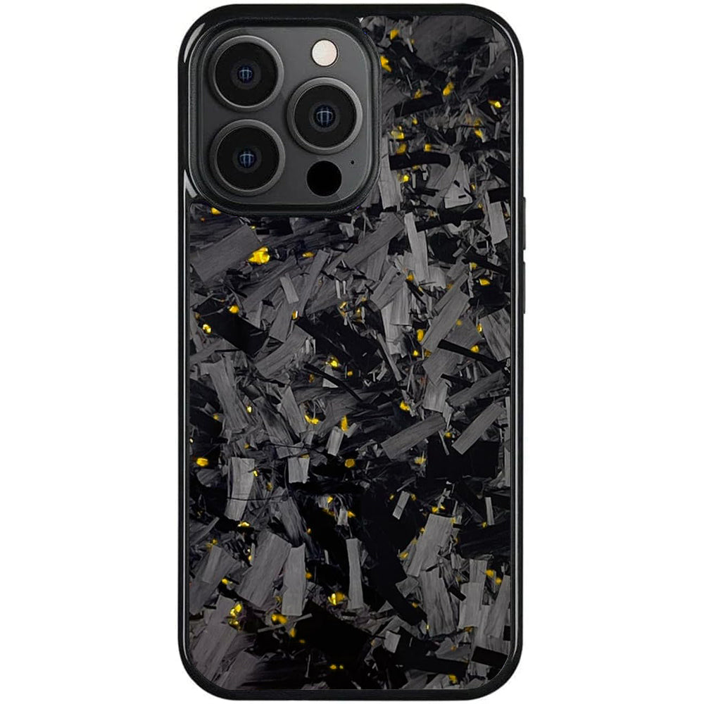 Forged carbon fiber iPhone case with gold flecks and three-lens camera