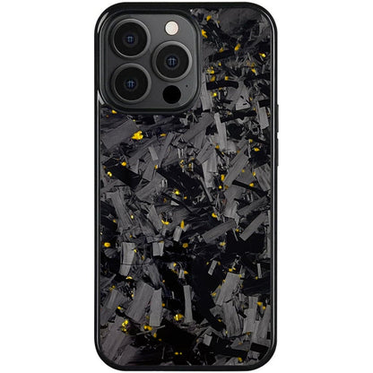 Forged carbon fiber iPhone case with gold flecks and three-lens camera