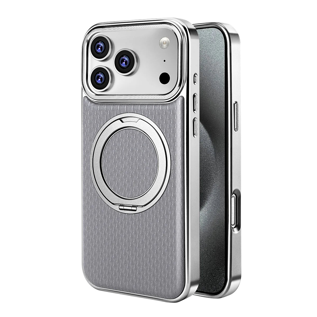 Gray textured leather case with silver trim and ring stand