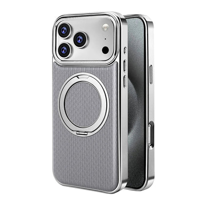 Gray textured leather case with silver trim and ring stand