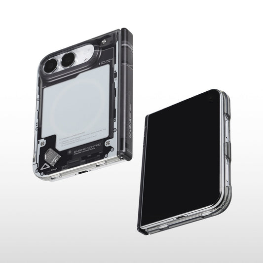 Matte Black microchip MagSafe case for iPhone Duo with metal badge, beside the phone screen