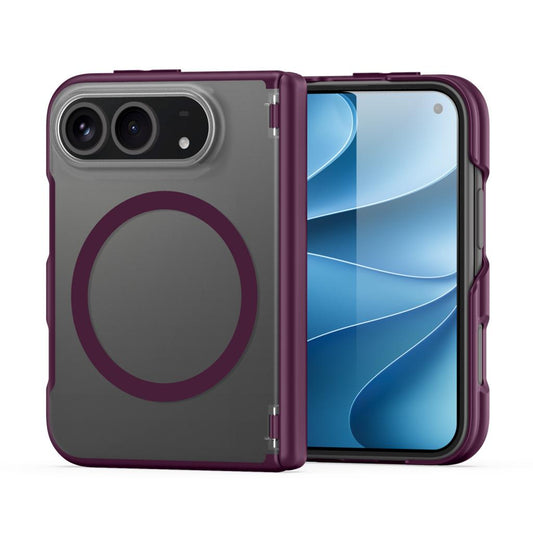 Burgundy iPhone Duo MagSafe case with frosted back and magnetic ring, shown next to the inner screen