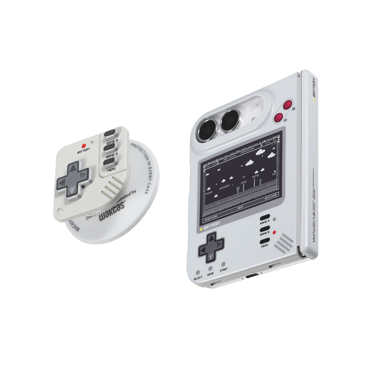 Retro console iPhone Duo case next to the matching controller-style magnetic stand