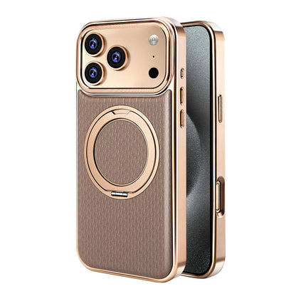 Brown textured leather MagSafe case with gold trim and ring stand on a triple-camera iPhone