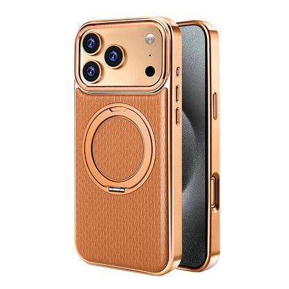 Orange textured leather case with copper-tone trim and ring stand
