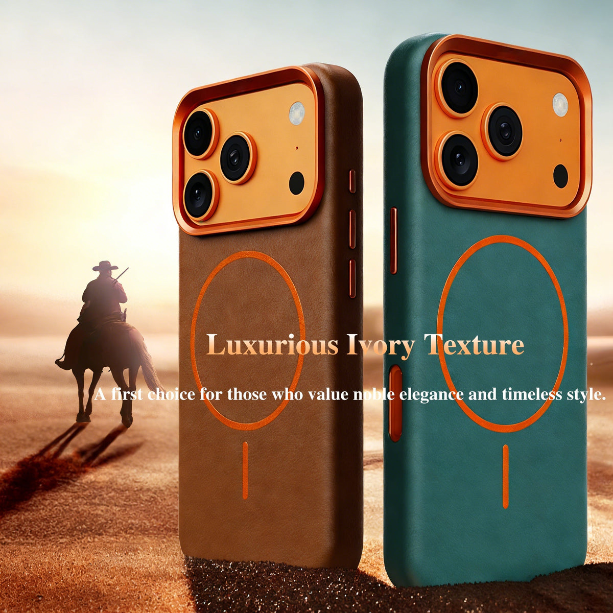 Brown and green leather MagSafe iPhone cases side by side in a desert scene