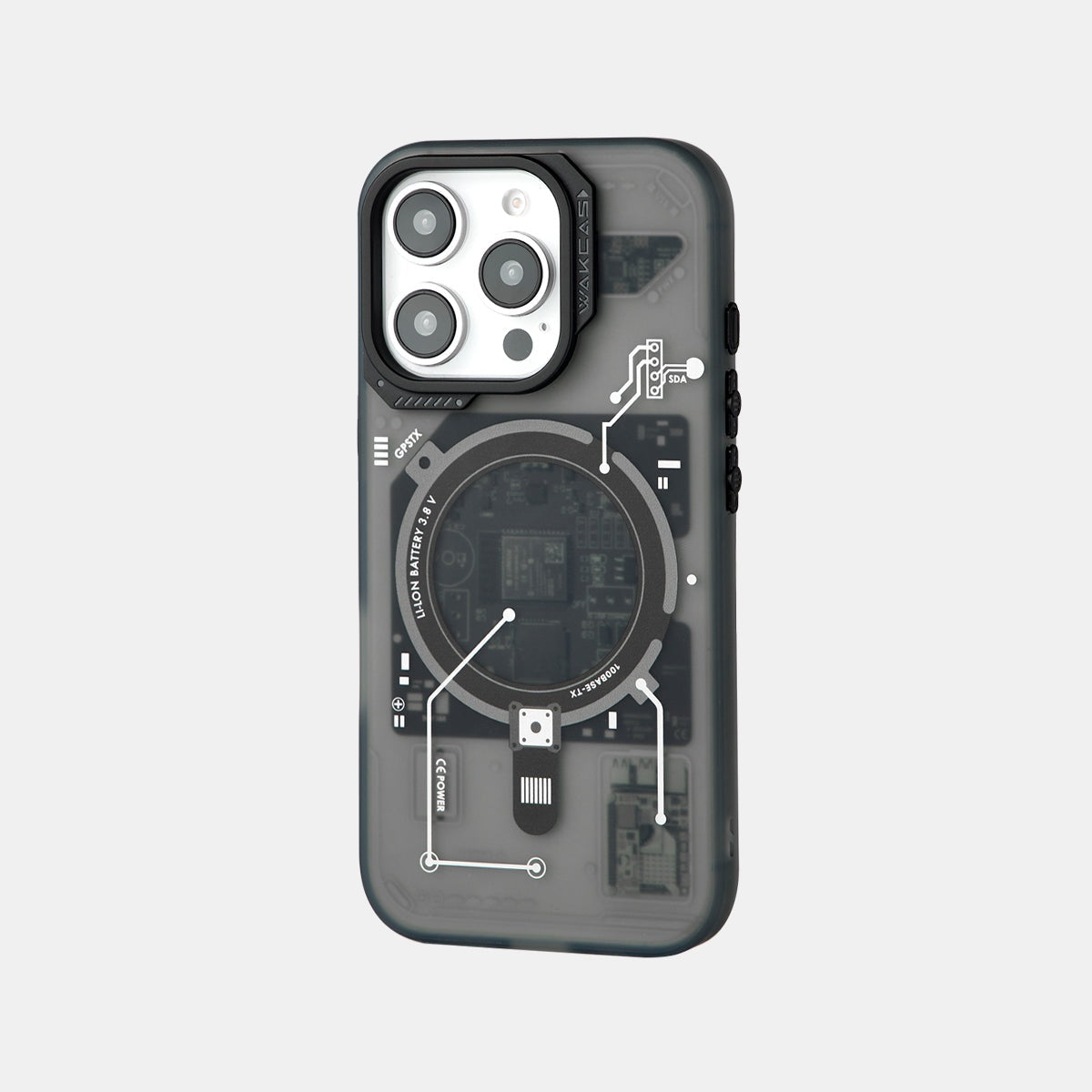 iPhone 16 Pro Max translucent black case with silver circuit board print, back view