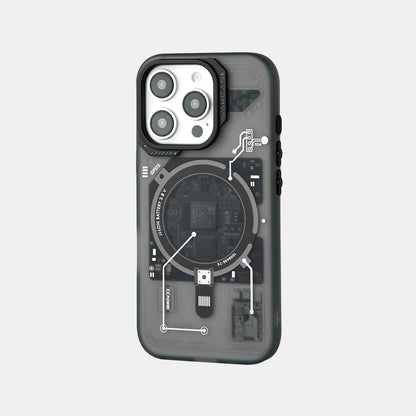 iPhone 16 Pro Max translucent black case with silver circuit board print, back view