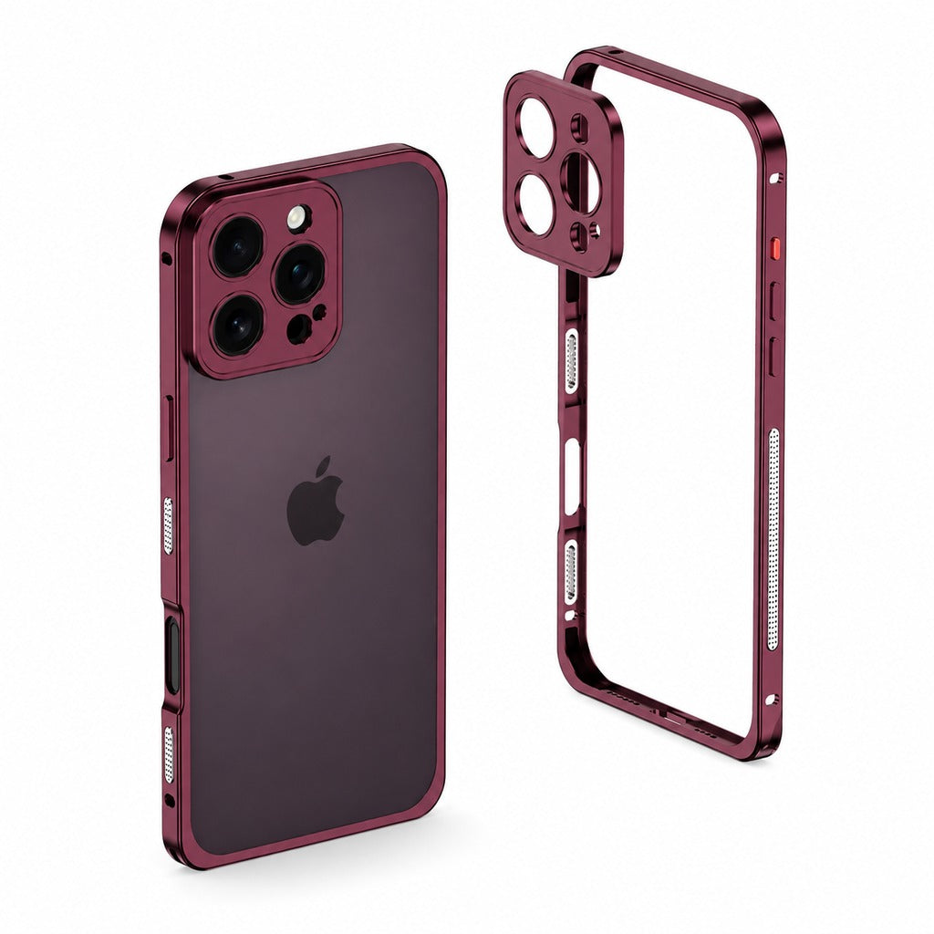 Burgundy metal bumper with camera surround on a triple-camera iPhone