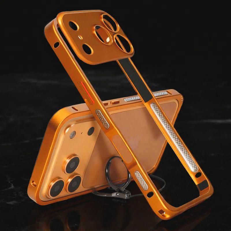 Orange metal bumper frame opening around the phone during installation