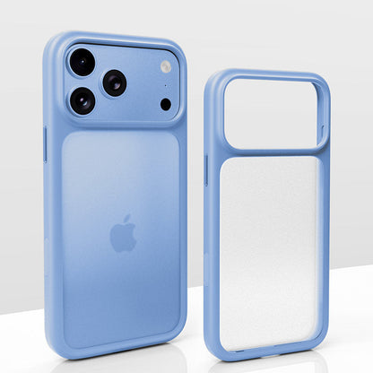 Glacier blue frosted iPhone case shown on phone and as an empty case