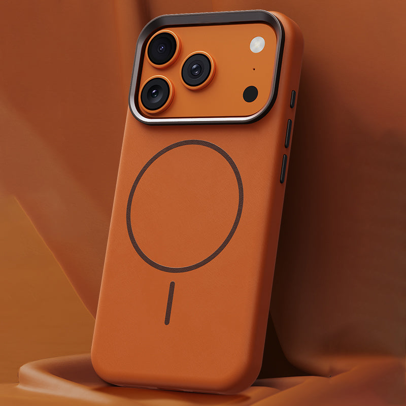 Orange textured leather iPhone case with dark camera frame and MagSafe ring