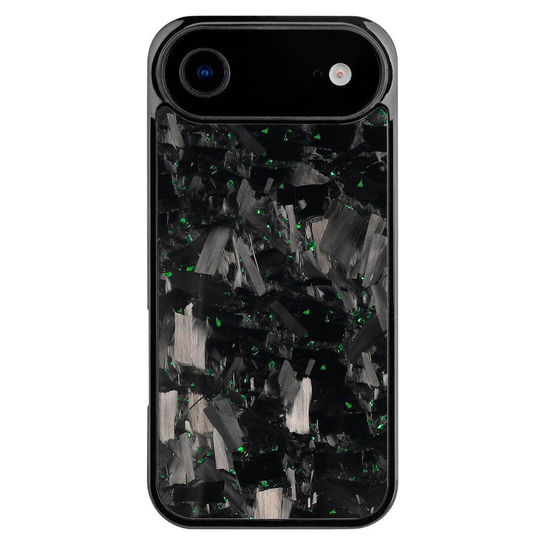 Forged carbon iPhone case with green flecks for a single-camera model