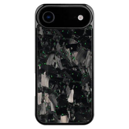 Forged carbon iPhone case with green flecks for a single-camera model