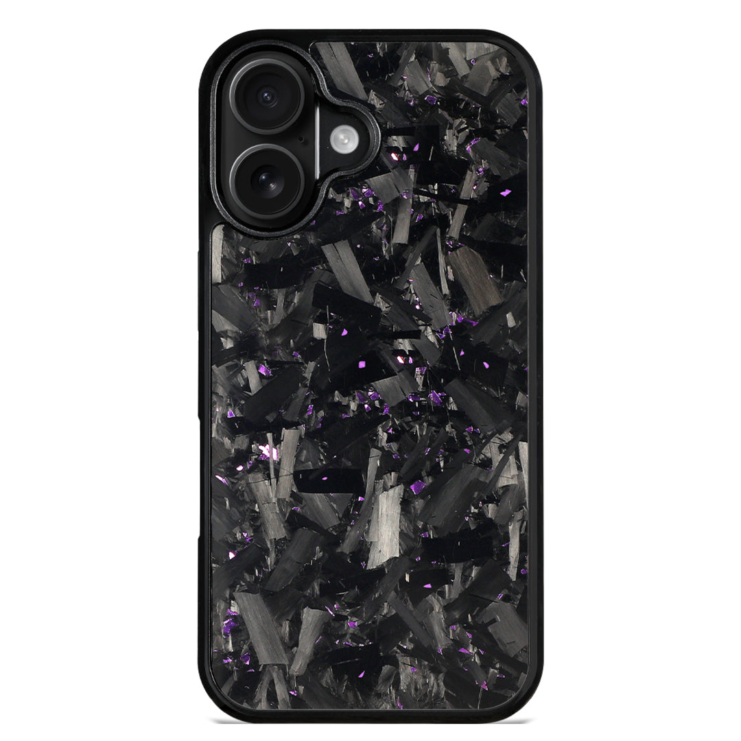 Forged carbon fiber iPhone case with purple flecks, dual-camera model