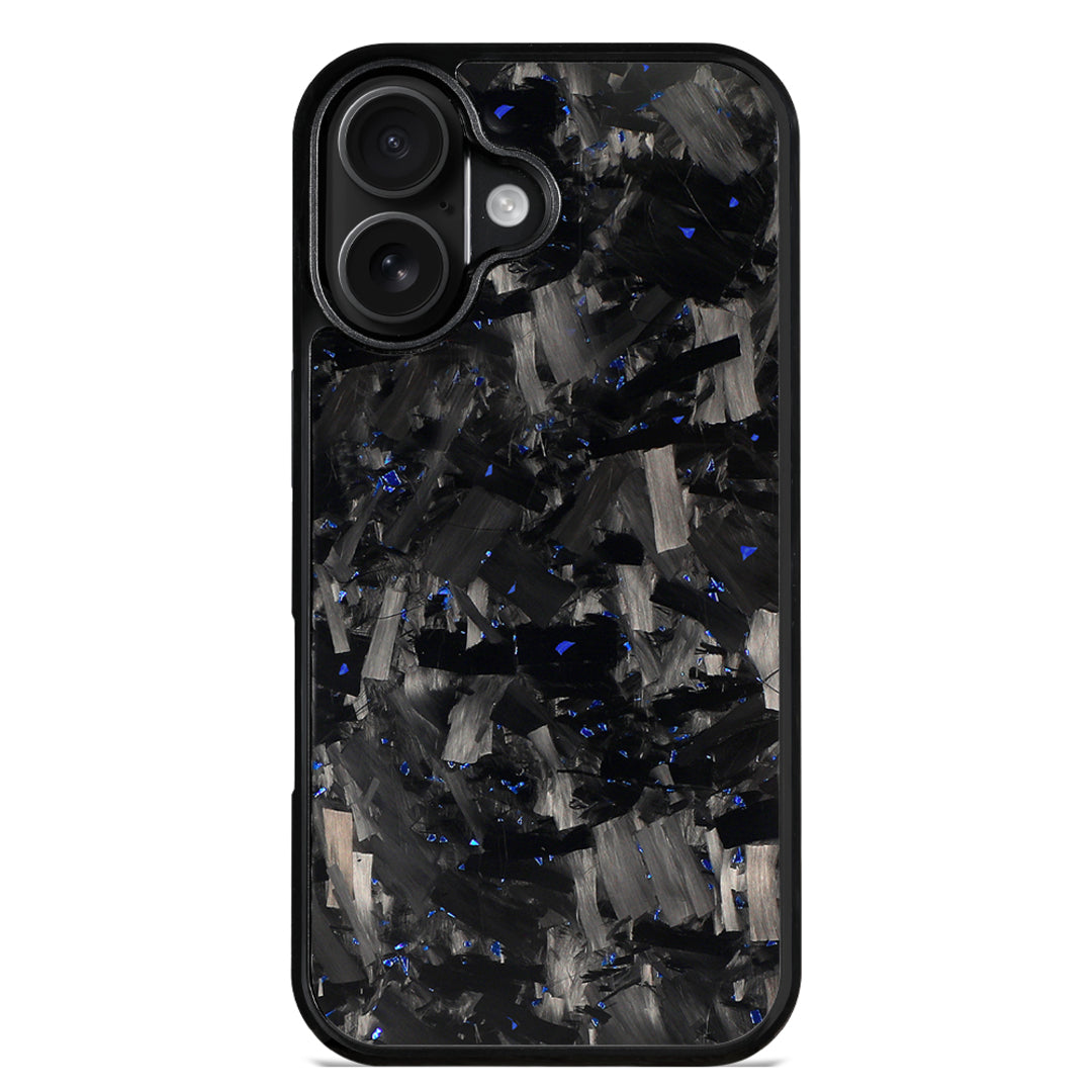Forged carbon fiber iPhone case with blue flecks, dual-camera model