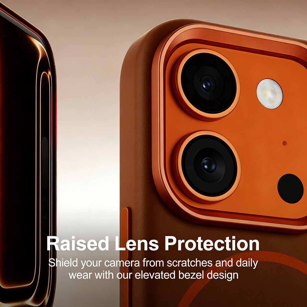 Close-up of orange raised camera frame on a brown leather iPhone case