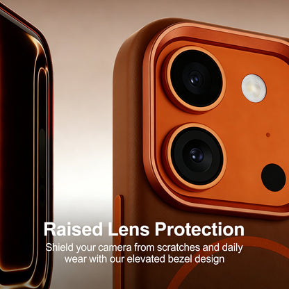 Close-up of orange raised camera frame on a brown leather iPhone case