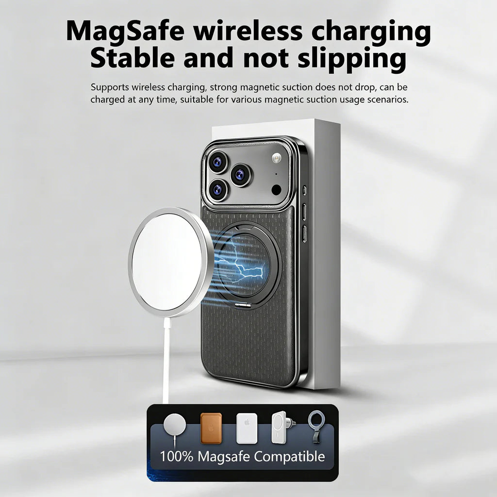 Black textured leather case attached to a magnetic wireless charger