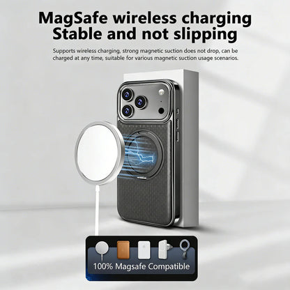 Black textured leather case attached to a magnetic wireless charger